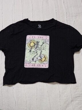 OG 100% Cotton Black Graphic Crop Tee with Skeleton 'El Sol The Sun' Design